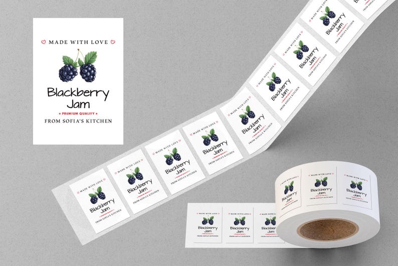 Personalized Blackberry Jam Roll Labels, Custom Blackberry Jam Product Stickers, Business Jam Labels for Jars, Canning, Lid Stickers