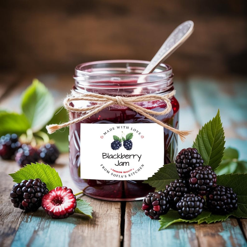 Personalized Blackberry Jam Roll Labels, Custom Blackberry Jam Product Stickers, Business Jam Labels for Jars, Canning, Lid Stickers