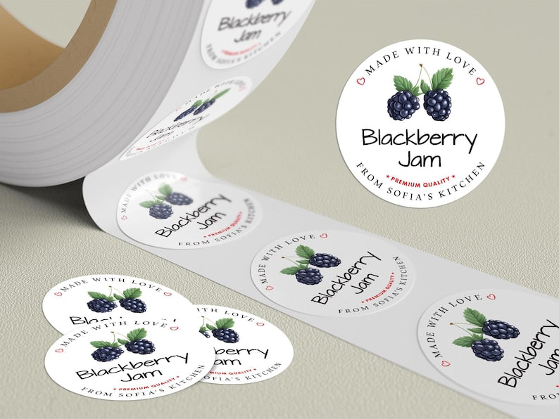 Personalized Blackberry Jam Roll Labels, Custom Blackberry Jam Product Stickers, Business Jam Labels for Jars, Canning, Lid Stickers