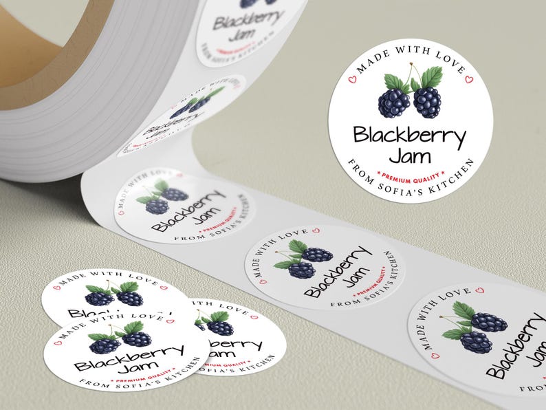 Personalized Blackberry Jam Roll Labels, Custom Blackberry Jam Product Stickers, Business Jam Labels for Jars, Canning, Lid Stickers