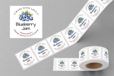 Personalized Blueberry Jam Roll Labels, Custom Blueberry Jam Product Stickers, Business Blueberry Jam Labels for Jars, Canning, Lid Stickers