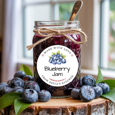 Personalized Blueberry Jam Roll Labels, Custom Blueberry Jam Product Stickers, Business Blueberry Jam Labels for Jars, Canning, Lid Stickers