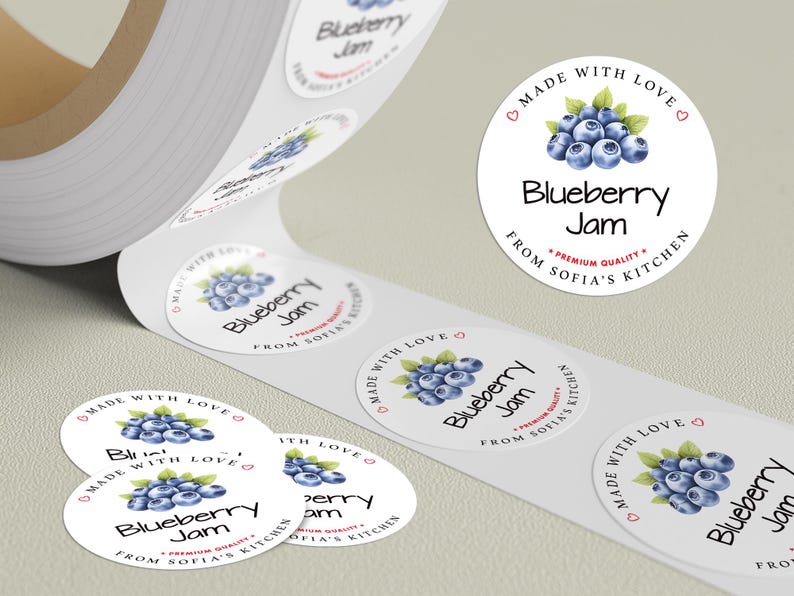 Personalized Blueberry Jam Roll Labels, Custom Blueberry Jam Product Stickers, Business Blueberry Jam Labels for Jars, Canning, Lid Stickers