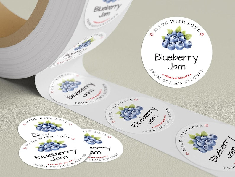 Personalized Blueberry Jam Roll Labels, Custom Blueberry Jam Product Stickers, Business Blueberry Jam Labels for Jars, Canning, Lid Stickers