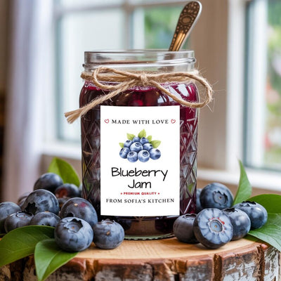 Personalized Blueberry Jam Roll Labels, Custom Blueberry Jam Product Stickers, Business Blueberry Jam Labels for Jars, Canning, Lid Stickers