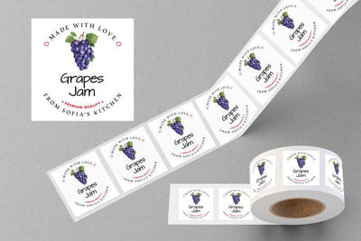 Personalized Grape Jam Roll Labels, Custom Grape Jam Product Stickers, Business Grape Jam Labels for Jars, Canning, Lid Stickers