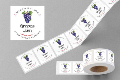 Personalized Grape Jam Roll Labels, Custom Grape Jam Product Stickers, Business Grape Jam Labels for Jars, Canning, Lid Stickers