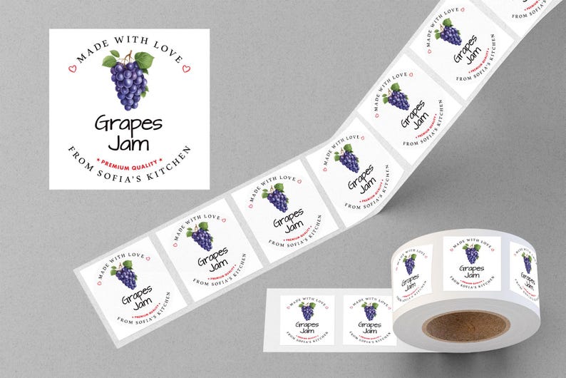 Personalized Grape Jam Roll Labels, Custom Grape Jam Product Stickers, Business Grape Jam Labels for Jars, Canning, Lid Stickers