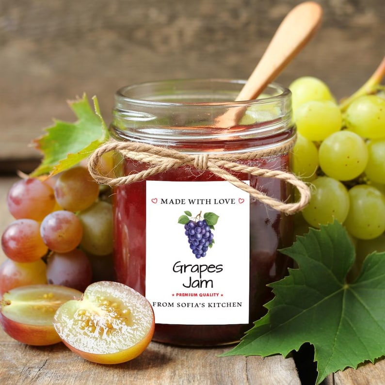 Personalized Grape Jam Roll Labels, Custom Grape Jam Product Stickers, Business Grape Jam Labels for Jars, Canning, Lid Stickers