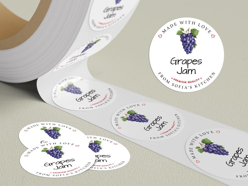 Personalized Grape Jam Roll Labels, Custom Grape Jam Product Stickers, Business Grape Jam Labels for Jars, Canning, Lid Stickers