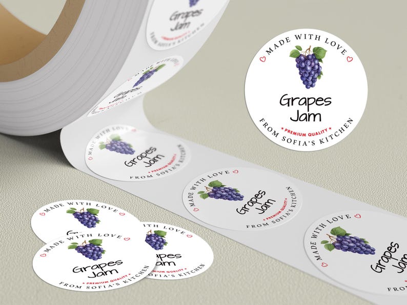 Personalized Grape Jam Roll Labels, Custom Grape Jam Product Stickers, Business Grape Jam Labels for Jars, Canning, Lid Stickers