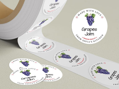 Personalized Grape Jam Roll Labels, Custom Grape Jam Product Stickers, Business Grape Jam Labels for Jars, Canning, Lid Stickers