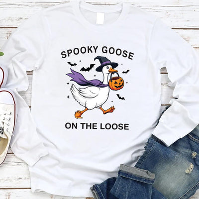 Spooky Goose Long Sleeve Shirt, Witchy Silly Goose Halloween Long Sleeve Shirt, Girly Trick or Treat Long Sleeve Shirt