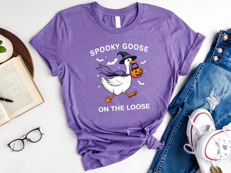 Spooky Goose Short Sleeve Shirt, Witchy Silly Goose Halloween Tee, Girly Trick or Treat Short Sleeve Shirt, Cute Goose Lover Short Sleeve Shirt