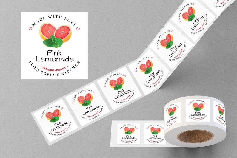 Personalized Pink Lemonade Roll Labels, Custom Pink Lemonade Product Stickers, Business Labels for Bottles & Jars, Canning, Lid Stickers