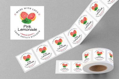 Personalized Pink Lemonade Roll Labels, Custom Pink Lemonade Product Stickers, Business Labels for Bottles & Jars, Canning, Lid Stickers