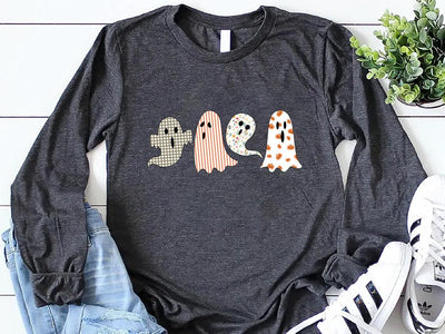 Halloween Ghost Long Sleeve Shirt, Cute Fall Ghost Spooky Season Autumn Long Sleeve Shirt, Unisex Halloween Fall Pumpkin Long Sleeve Shirt