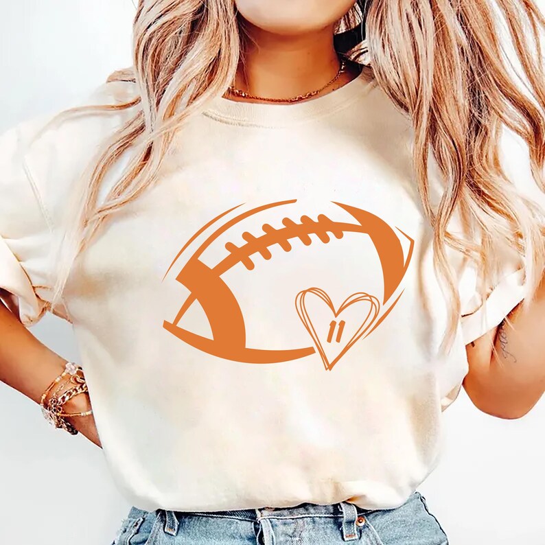 Football Heart Short Sleeve Shirt, Custom Football Mom Game Day Tee, Women’s Football Season Short Sleeve Shirt