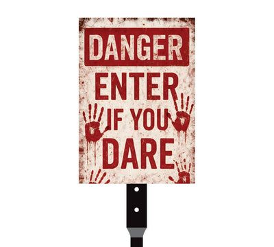 Danger Enter If You Dare Halloween Yard Sign with 16" Stake, Rust-Free Aluminum Scary Garden Decoration, Outdoor Haunted House Warning Sign
