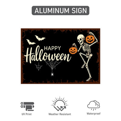 Happy Halloween Yard Sign with 16" Stake, Rust-Free Aluminum Skeleton Pumpkin Lawn Sign, Outdoor Spooky Halloween Garden Decoration