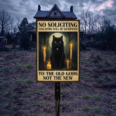 Gothic Black Cat No Soliciting Halloween Yard Sign with 16" Stake, Rust-Free Aluminum Spooky Witchy Garden Decor, Outdoor Haunted House Sign
