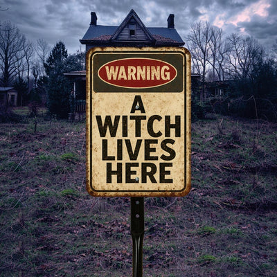 Warning A Witch Lives Here Halloween Yard Sign with 16" Stake, Rust-Free Aluminum Haunted House Decoration, Outdoor Witch Party Garden Sign