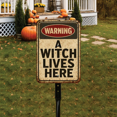 Warning A Witch Lives Here Halloween Yard Sign with 16" Stake, Rust-Free Aluminum Haunted House Decoration, Outdoor Witch Party Garden Sign
