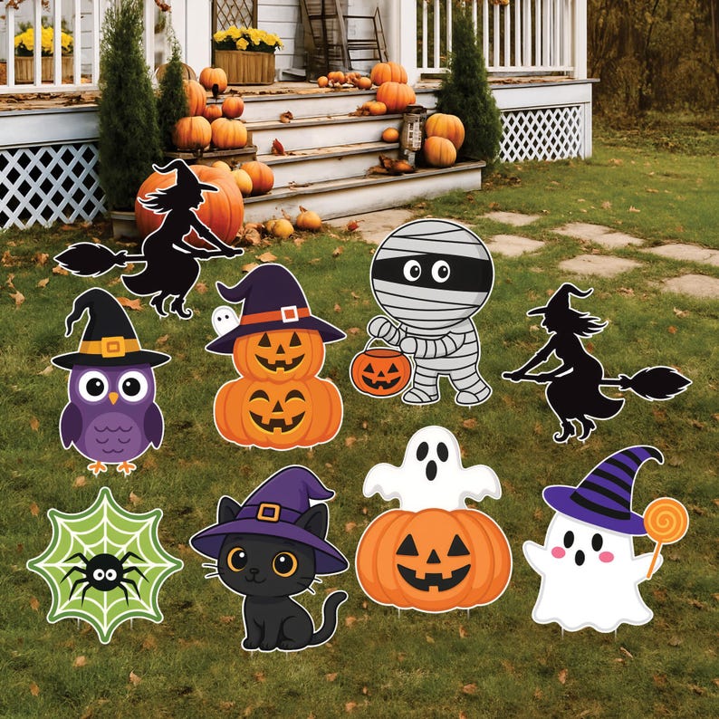 Cute Halloween Yard Stakes, Large Garden Pumpkin Ghost Witch Cat Signs, Outdoor Lawn Decorations for Halloween Party Patio Decor
