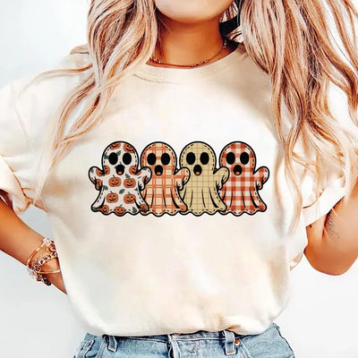 Preppy Floral Ghost Short Sleeve Shirt, Fall Ghost Tee, Autumn Girly Graphic Short Sleeve Shirt, Tis The Season Halloween Short Sleeve Shirt