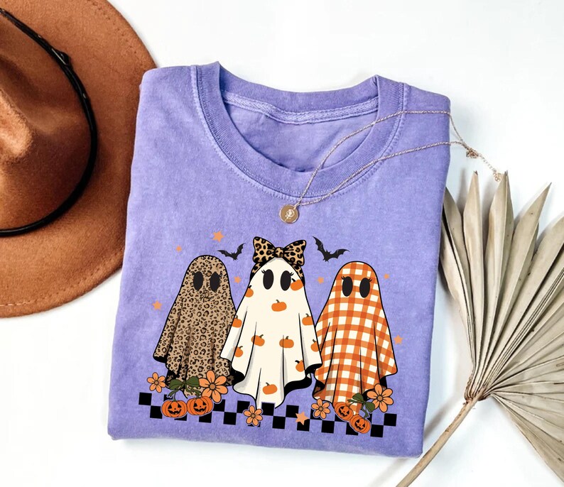 Trendy Leopard Pumpkin Ghost Short Sleeve Shirt, Halloween Girly Ghost Tee, Retro Checkered Ghosts Short Sleeve Shirt