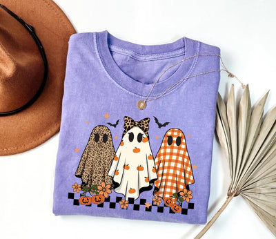 Trendy Leopard Pumpkin Ghost Short Sleeve Shirt, Halloween Girly Ghost Tee, Retro Checkered Ghosts Short Sleeve Shirt