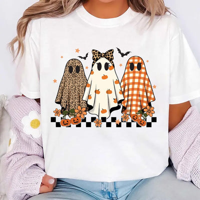 Trendy Leopard Pumpkin Ghost Short Sleeve Shirt, Halloween Girly Ghost Tee, Retro Checkered Ghosts Short Sleeve Shirt