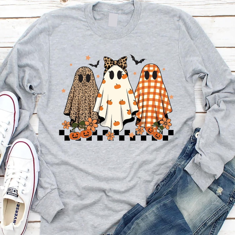 Trendy Leopard Pumpkin Ghost Long Sleeve Shirt, Halloween Girly Ghost Long Sleeve Shirt, Retro Checkered Ghosts Long Sleeve Shirt