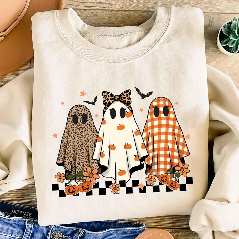 Trendy Leopard Pumpkin Ghost Sweatshirt, Halloween Girly Ghost SweatShirt, Retro Checkered Ghosts SweatShirt