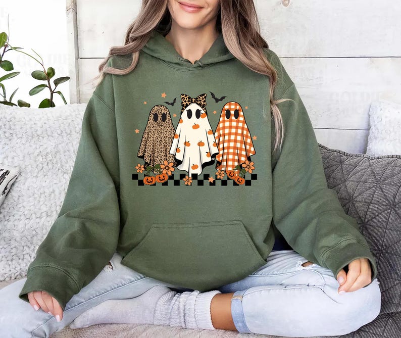 Trendy Leopard Pumpkin Ghost Hoodie, Halloween Girly Ghost Hoodie, Retro Checkered Ghosts Hoodie