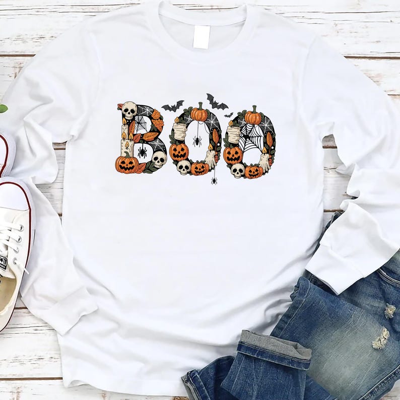 Boo Long Sleeve Shirt, Halloween Fall Long Sleeve Shirt, Cute & Scary Ghost Long Sleeve Shirt, Spooky Season Unisex Long Sleeve Shirt