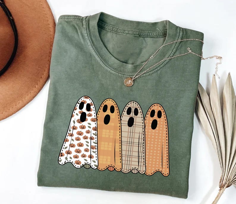 Preppy Floral Ghost Short Sleeve Shirt, Fall Ghost Tee, Autumn Girly Graphic Short Sleeve Shirt, Tis The Season Halloween Short Sleeve Shirt