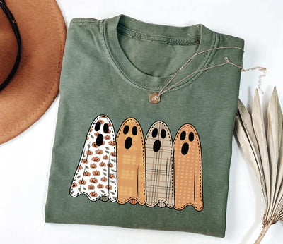 Preppy Floral Ghost Short Sleeve Shirt, Fall Ghost Tee, Autumn Girly Graphic Short Sleeve Shirt, Tis The Season Halloween Short Sleeve Shirt