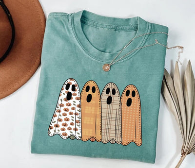 Preppy Floral Ghost Short Sleeve Shirt, Fall Ghost Tee, Autumn Girly Graphic Short Sleeve Shirt, Tis The Season Halloween Short Sleeve Shirt