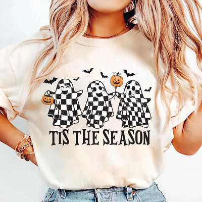 Retro Ghosts Tis The Season Short Sleeve Shirt, Checkered Halloween Ghost Tee, Trendy Fall Cute Ghost Short Sleeve Shirt