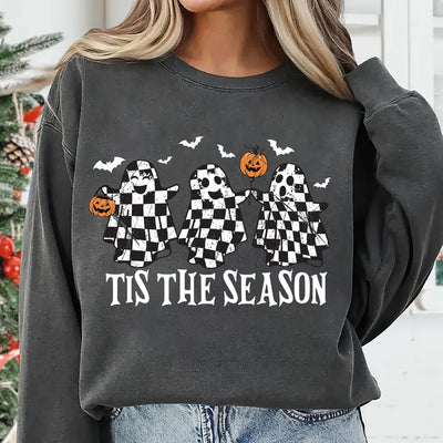 Retro Ghosts Tis The Season Sweatshirt, Checkered Halloween Ghost SweatShirt, Trendy Fall Cute Ghost SweatShirt