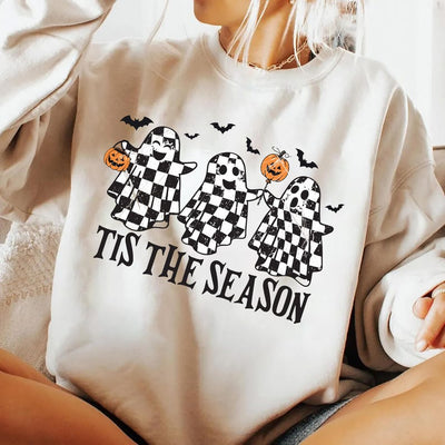 Retro Ghosts Tis The Season Sweatshirt, Checkered Halloween Ghost SweatShirt, Trendy Fall Cute Ghost SweatShirt