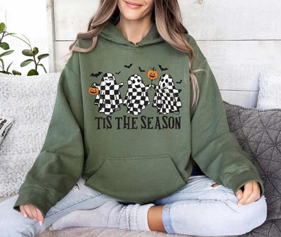 Retro Ghosts Tis The Season Hoodie, Checkered Halloween Ghost Hoodie, Trendy Fall Cute Ghost Hoodie