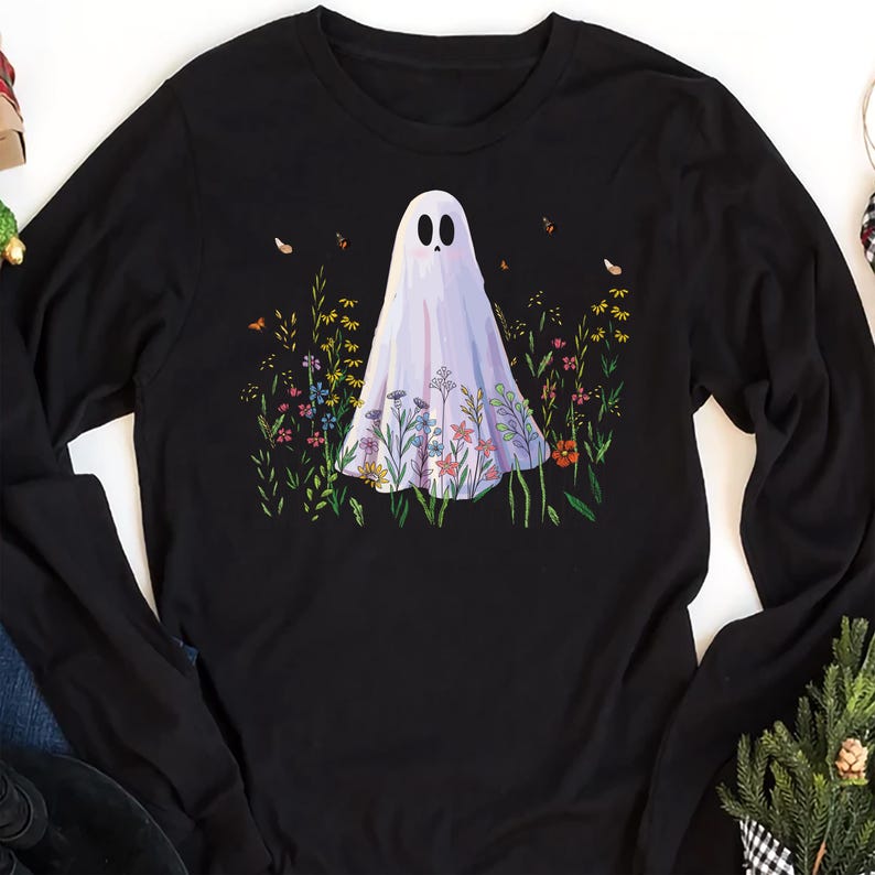 Cute Ghost in Wildflowers Long Sleeve Shirt, Spooky Fall Aesthetic Long Sleeve Shirt, Retro Halloween Floral Long Sleeve Shirt