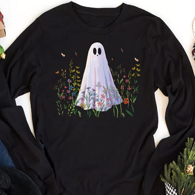 Cute Ghost in Wildflowers Long Sleeve Shirt, Spooky Fall Aesthetic Long Sleeve Shirt, Retro Halloween Floral Long Sleeve Shirt