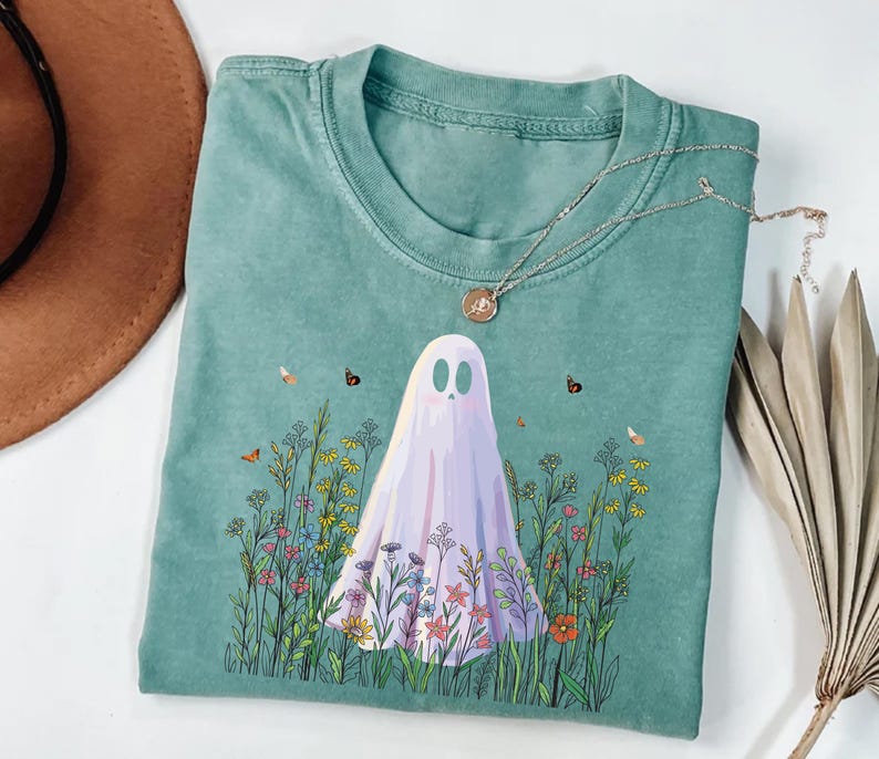 Cute Ghost in Wildflowers Short Sleeve Shirt, Spooky Fall Aesthetic Tee, Retro Halloween Floral Short Sleeve Shirt