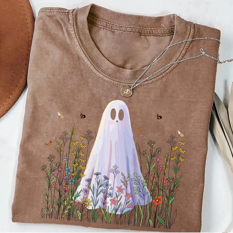 Cute Ghost in Wildflowers Short Sleeve Shirt, Spooky Fall Aesthetic Tee, Retro Halloween Floral Short Sleeve Shirt