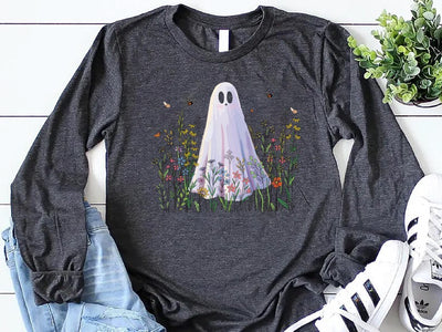 Cute Ghost in Wildflowers Long Sleeve Shirt, Spooky Fall Aesthetic Long Sleeve Shirt, Retro Halloween Floral Long Sleeve Shirt