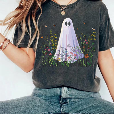 Cute Ghost in Wildflowers Short Sleeve Shirt, Spooky Fall Aesthetic Tee, Retro Halloween Floral Short Sleeve Shirt