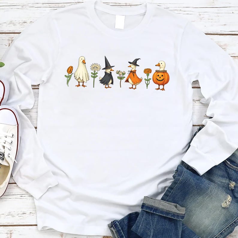 Halloween Goose Long Sleeve Shirt, Cute Fall Pumpkin Witch Goose Long Sleeve Shirt, Ghost Goose Autumn Long Sleeve Shirt